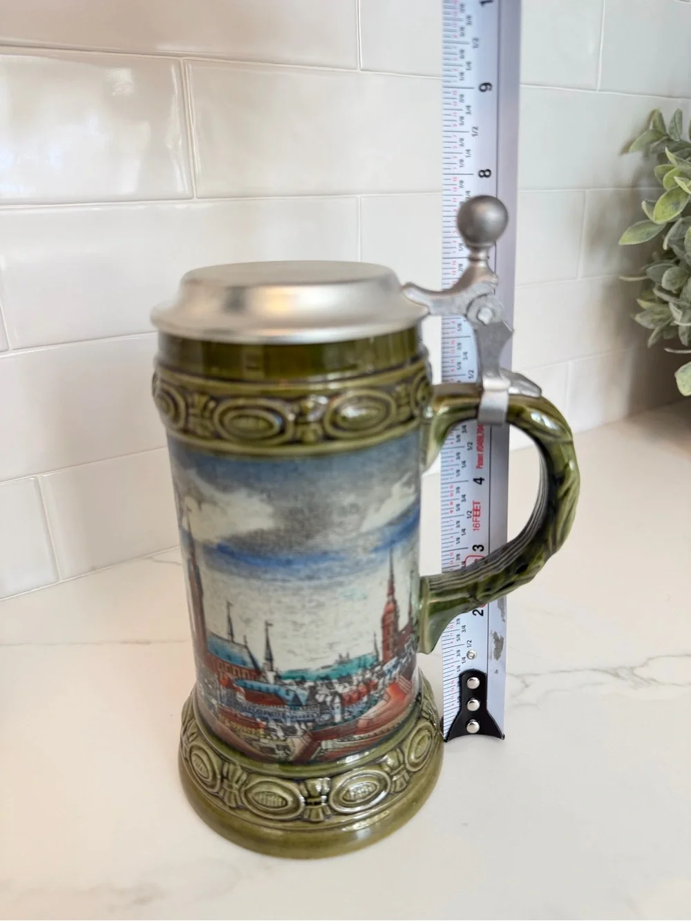 Vintage Western Germany Beer Stein Pewter Lid Hannover Cityscape Ceramic Mug